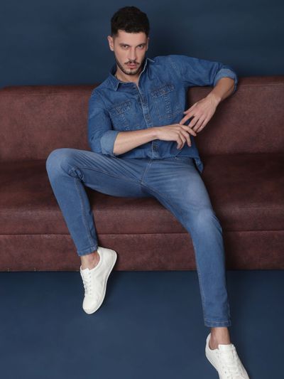 Vivid Blue Cotton Knitted Mens Jeans popular mens jeans,