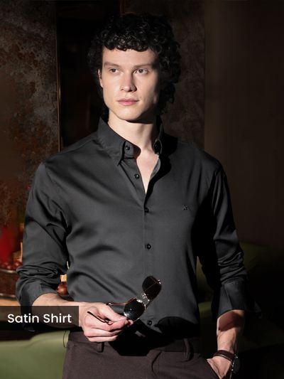 Black Satin Shirt Model Wearing Black Satin Shirts for men with rolled up sleeves