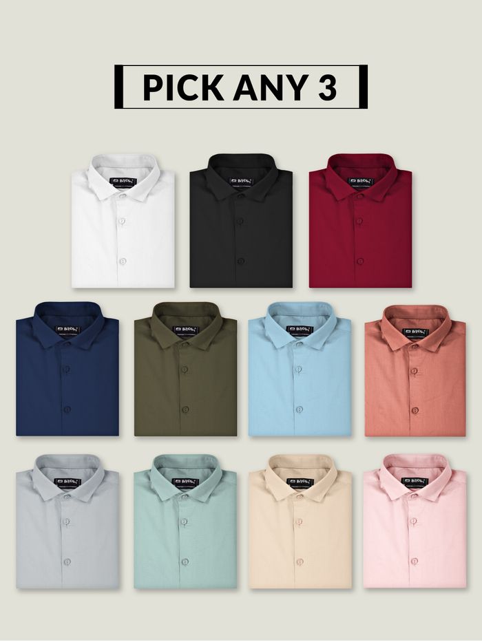 Buy Pick Any 3 - Plain Solid Shirts Combo Online in India -Beyoung