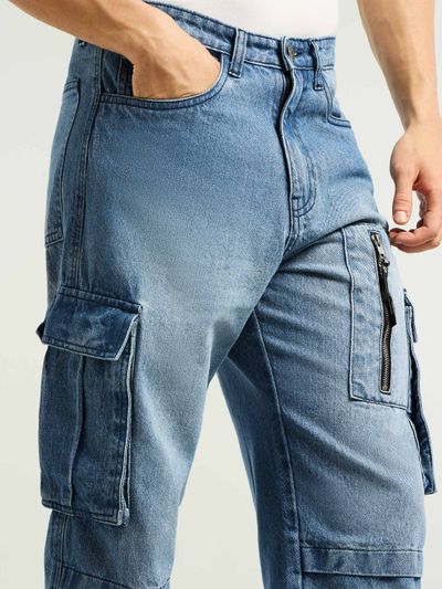 Blue Denim Zipper Pocket Cargo Pants Blue Denim Zipper Pocket Cargo Pants