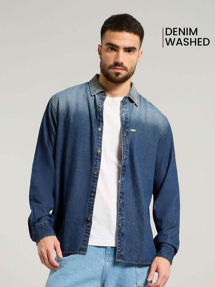 Dark Blue Ombre Denim Shirt For Men