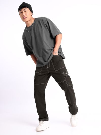Dark Grey Contrast Stitch Cargo Pants for Men