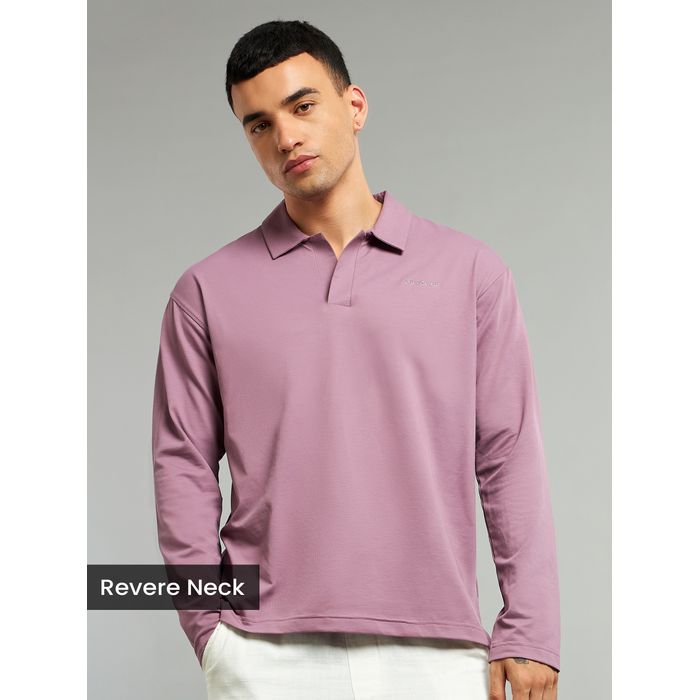 Buy Men's Mauve Pink Revere Neck Full Sleeve Polo T-shirt @Beyoung