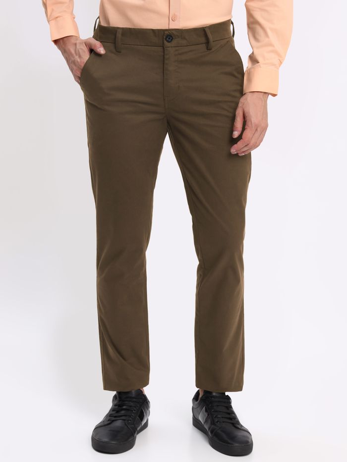 Buy WROGN Solid Cotton Blend Slim Fit Men's Casual Trousers | Shoppers Stop