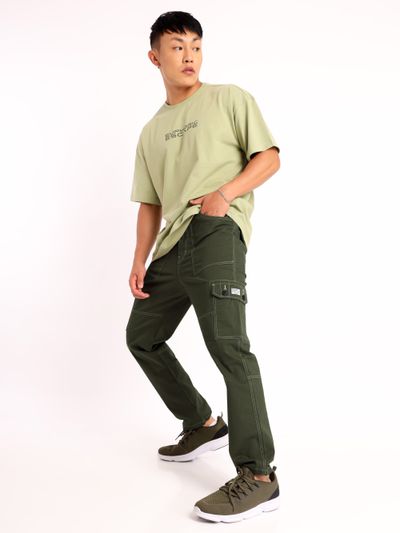 Sage Green Contrast Stitch Cargo Pants for Men