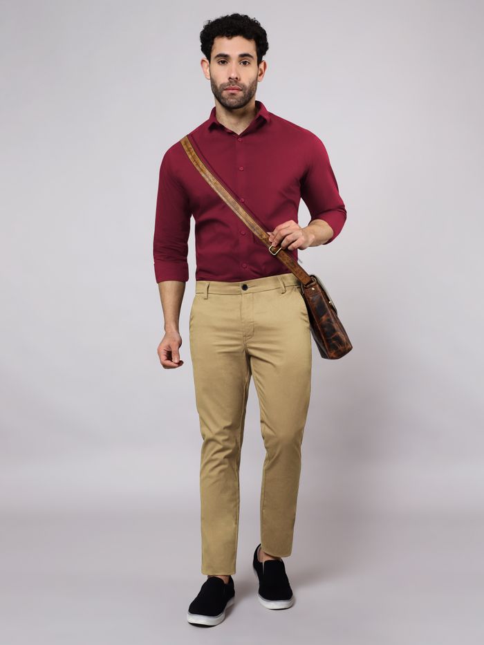 Men Peanut Brown Solids Pure Cotton Slim Fit Formal Trouser