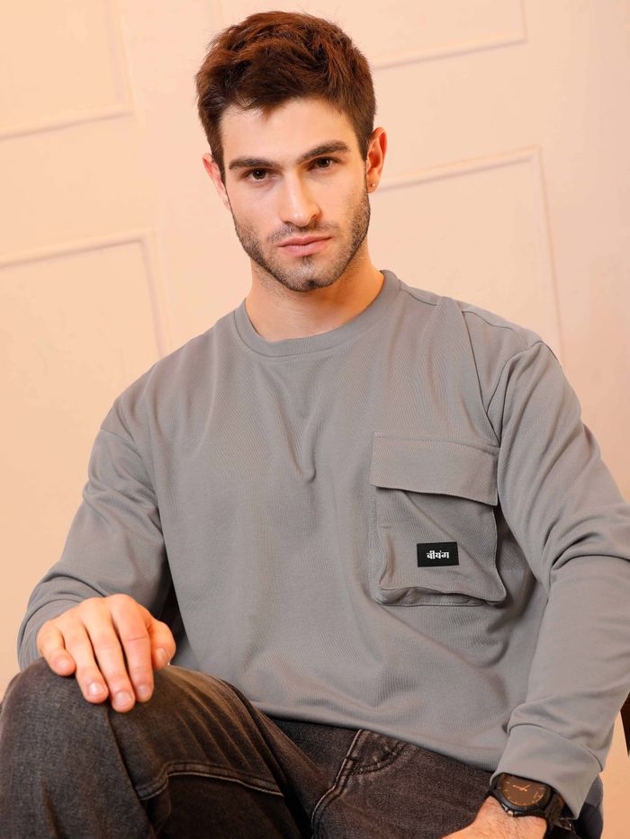 Buy Light Grey Oversized Full Sleeves T shirt For Men Online in