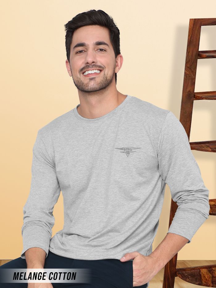 Buy Silvery Grey Melange Full Sleeves T-shirt Online - BeYOUng