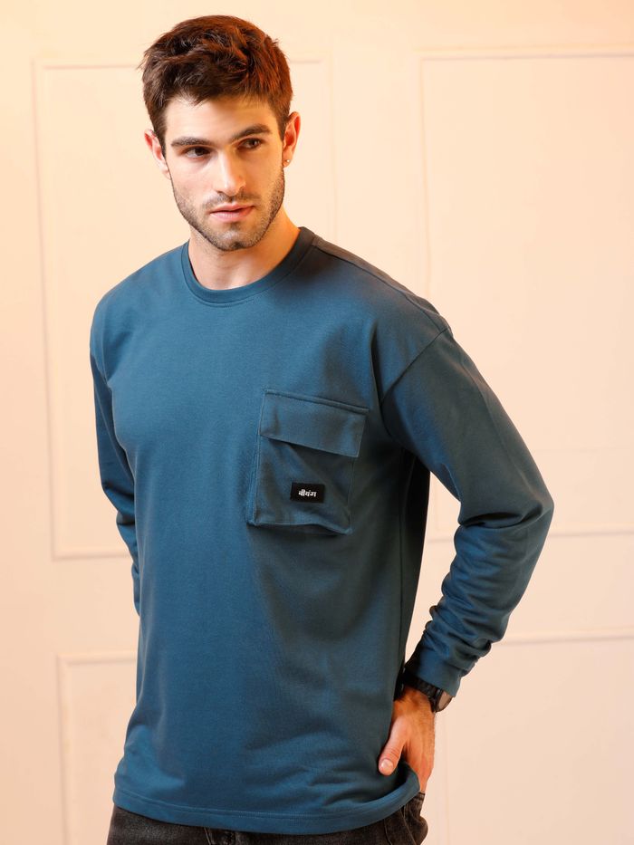 Teal Blue Oversized Full Sleeves T shirt For Men