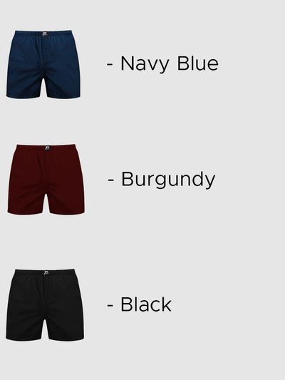 Plain Black, Navy Blue And Burgundy Mens Boxer Combo - Pack of 3