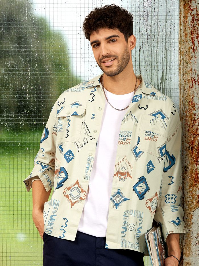 Buy Beige and Blue Printed Shacket Online in India -Beyoung