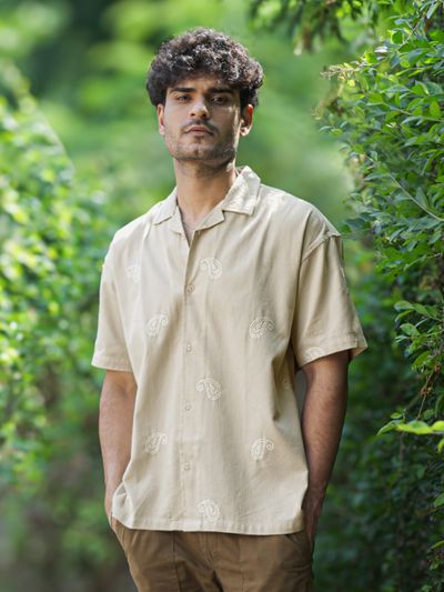 Beige Motif Embroidered Cuban Shirt Shop urban casual shirts online,