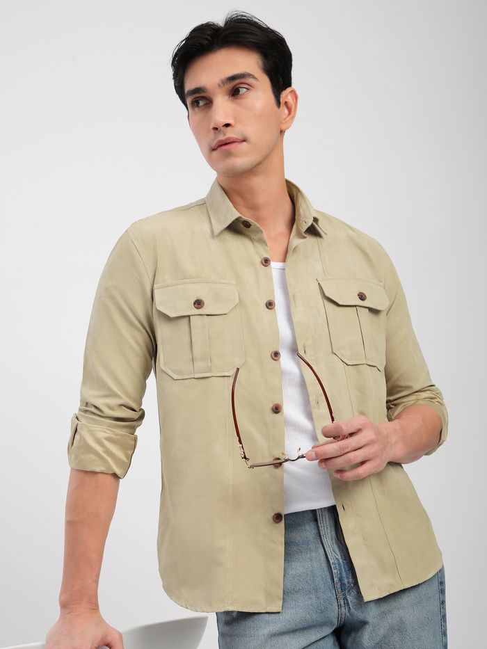 Beige Panel Suede Shirt