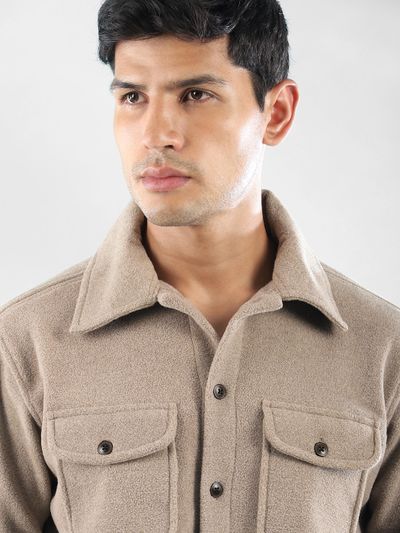 Beige Rounded Patch Pockets Fleece Jacket