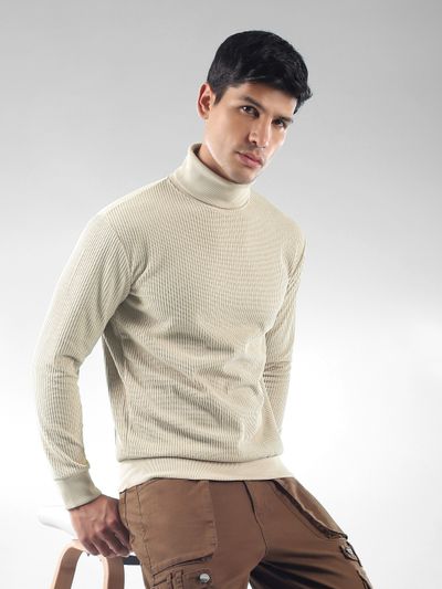 Beige Turtle Neck Sweatshirt Man in beige ribbed turtleneck sweatshirts for men | Beyoung