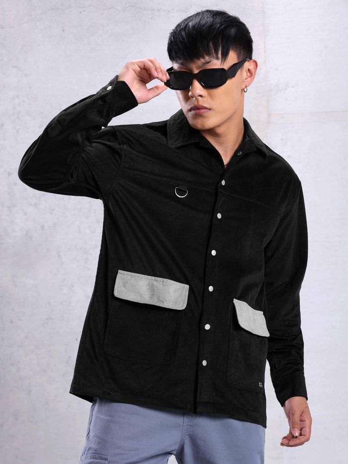 Black Colorblock Corduroy Shirt for Men