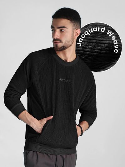 Black Cut and Sew Sweatshirt Man in a burgundy mens sweatshirts with curly hair | Beyoung