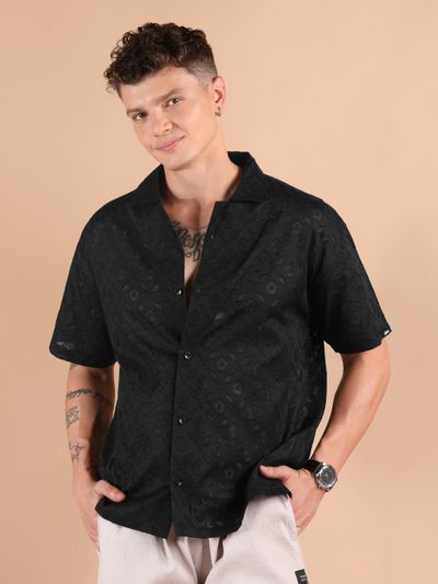 Black Cutwork Jacquard Cuban Shirt