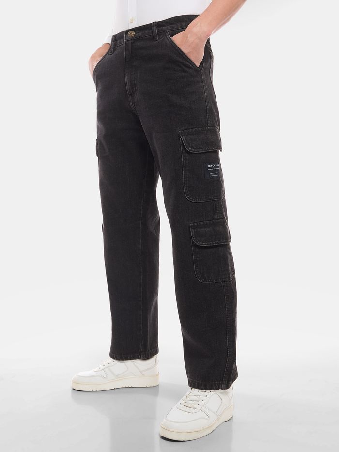 Buy Men's Black Denim Baggy 8 Pocket Cargo Pants - Beyoung
