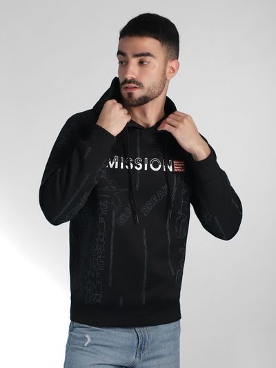 Black Mission Doodle Printed Hoodie Black hoodie for men with 'Mission' text and graphic design.