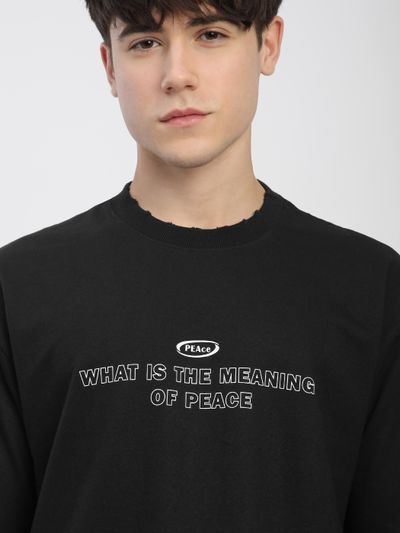 Black Peace Printed Ribbed Edge Oversized T-Shirt