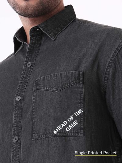 Black Single Pocket Denim Shirt for Men