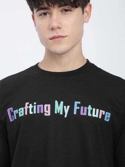 Black Typography Printed Oversized T-Shirt