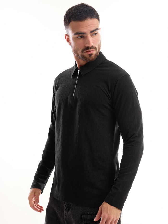Black Zipper Full Sleeves Polo T shirt