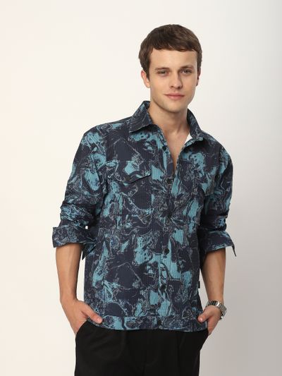 Blue Abstract Print Shacket Blue printed shacket men,