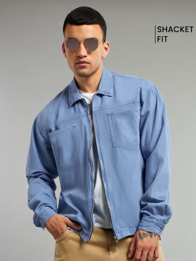 Blue Overdyed Zipper Shacket Blue Overdyed Zipper Shacket