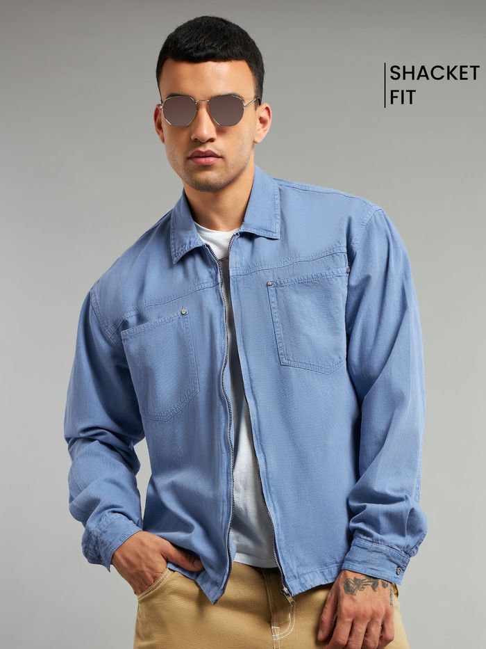 Blue Overdyed Zipper Shacket