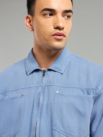 Blue Overdyed Zipper Shacket Blue Overdyed Zipper Shacket