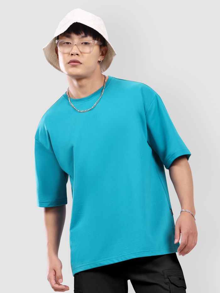 Buy Aqua Blue Plain Oversized T-shirt for Men Online in India