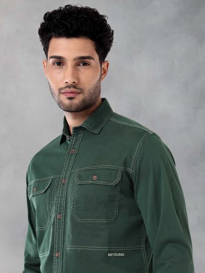 Buy Bottle Green Contrast Stitch Urban Shirt for Men Online in India ...