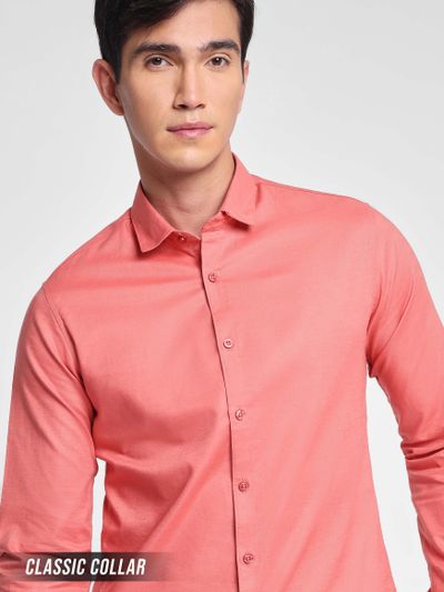 Bright Peach Linen Blend Shirt for Men