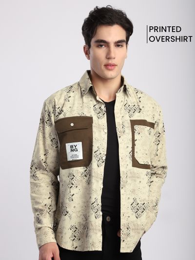 Brown Abstract Printed Shacket Printed shacket for men with pattern details and pockets,