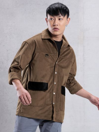 Brown Colorblock Corduroy Shirt for Men