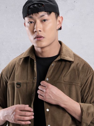 Brown Colorblock Corduroy Shirt for Men