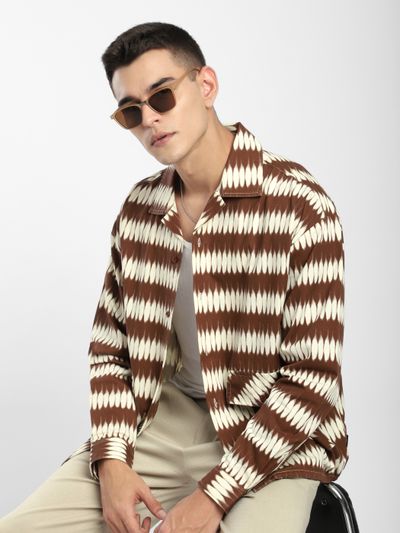 Brown Dual Pocket Abstract Printed Shacket