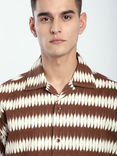 Brown Dual Pocket Abstract Printed Shacket