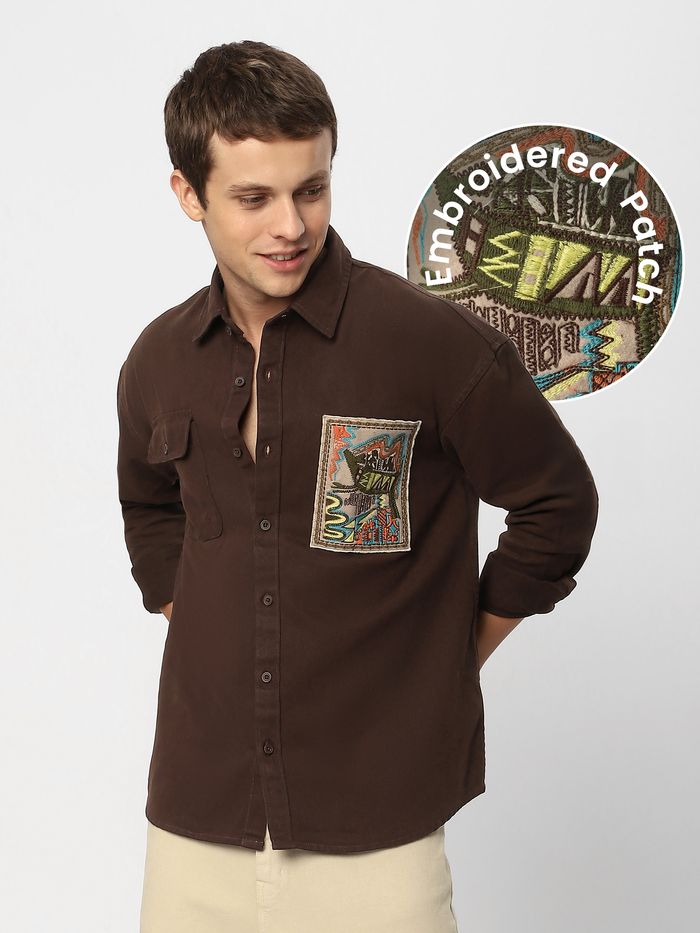 Brown Embroidered Applique Patch Shirt