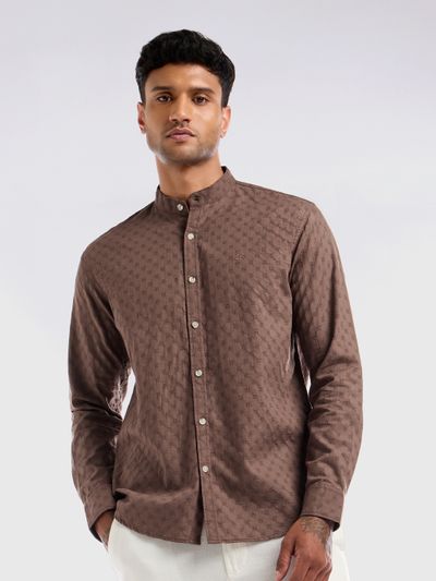 Brown Mandarin Collar Shirt For Men