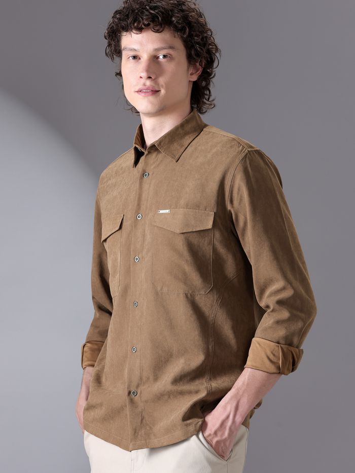 Brown Plain Suede Urban Shirt for Men