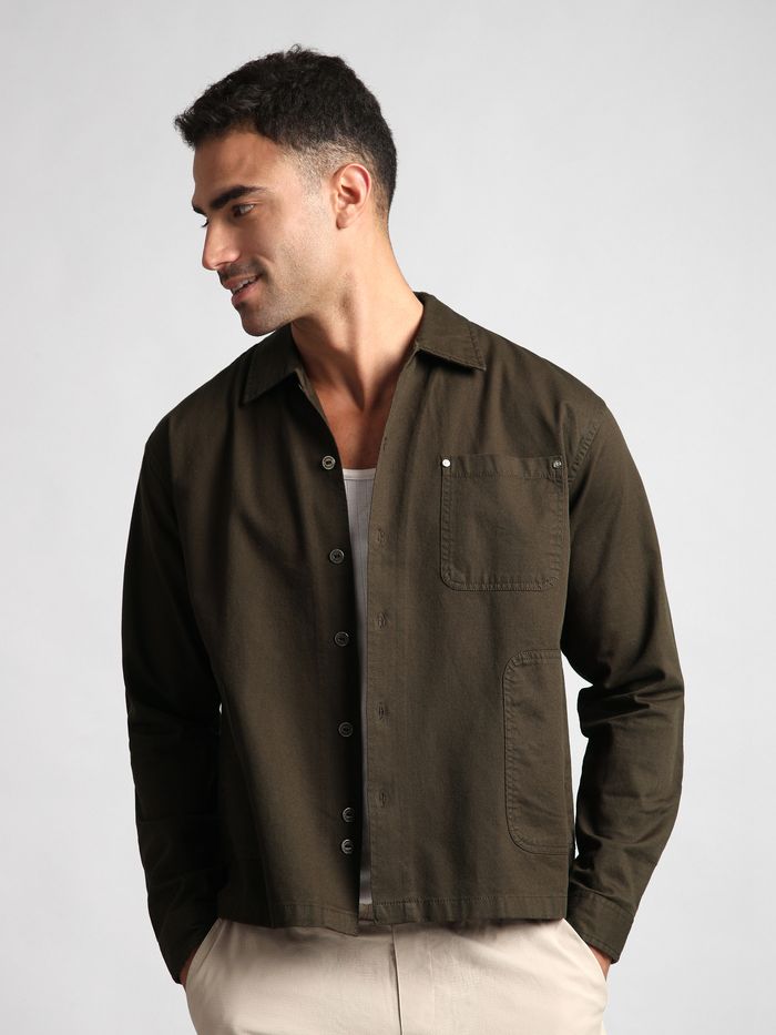 Brown Solid Multipocket Shacket
