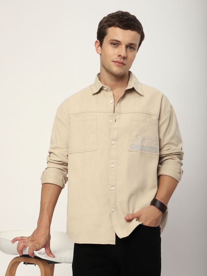Buy Men's Cream Dual Pocket Embroidered Shirt at Beyoung