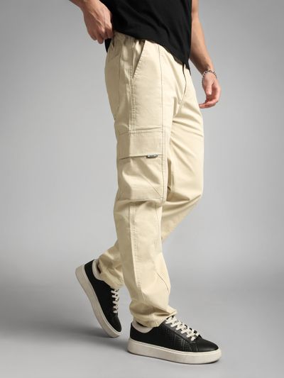 Cream Elasticated Cut and Sew Cargo Pants