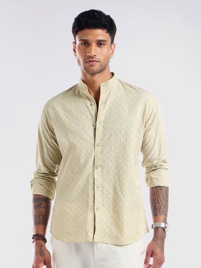 Cream Mandarin Collar Shirt For Men