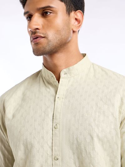 Cream Mandarin Collar Shirt For Men
