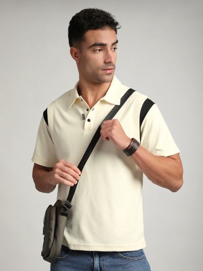 Cream Sporty Color Block Polo T-Shirt