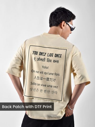 Cream YOLO Back Patch Print Oversized T-Shirt Cream YOLO Back Patch Print Oversized T-Shirt